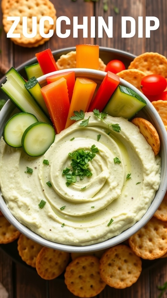 A bowl of creamy zucchini dip with fresh vegetables and crackers on a rustic table.